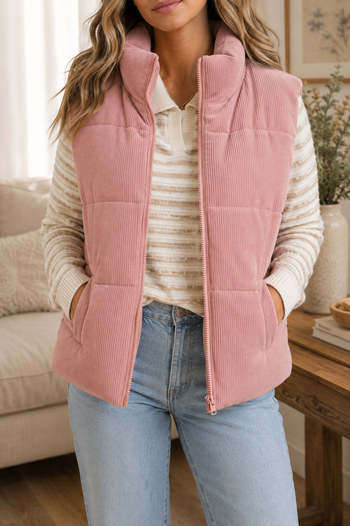 Corduroy Zip Up Puffer Vest