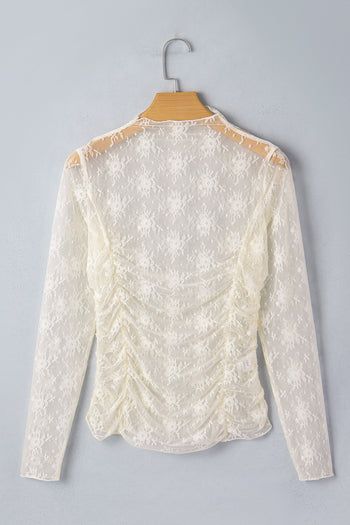 Beige Floral Mesh Ruched Top
