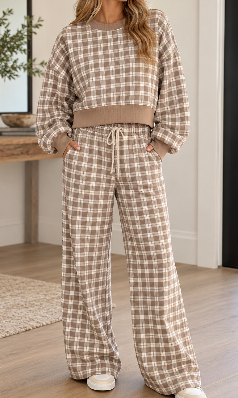 Plaid Drop Shoulder Ribbed Set
