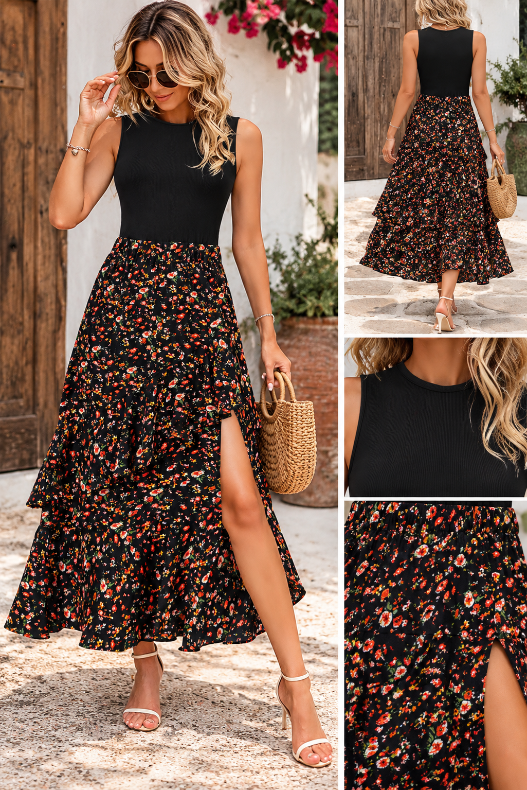 Black Floral Ruffle Dress RTS