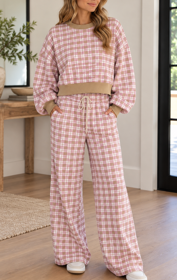 Plaid Drop Shoulder Ribbed Set