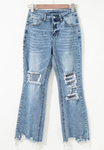 Raw-Hem Ripped Flare Jeans