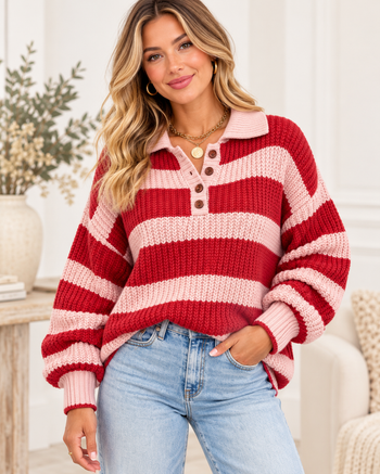 Dropped Shoulder Button Collar Sweater