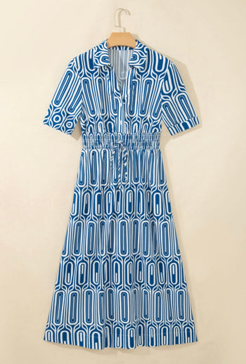 Blue Geometric Drawstring Dress
