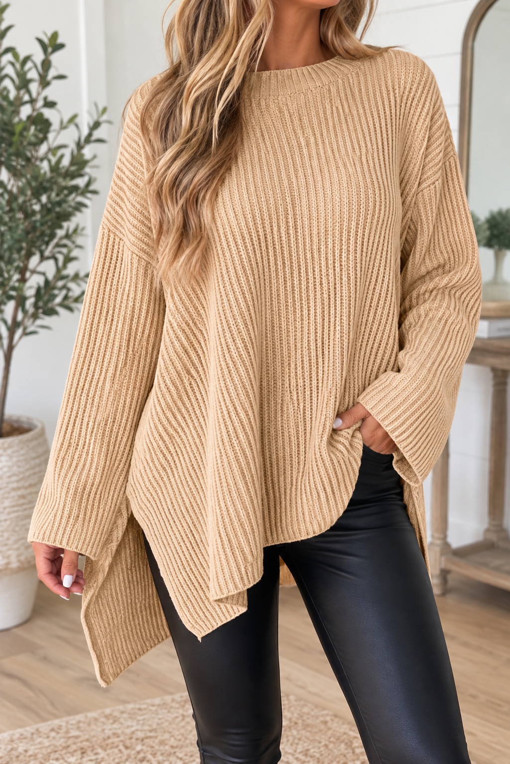 Cable Knit Side Slit Sweater