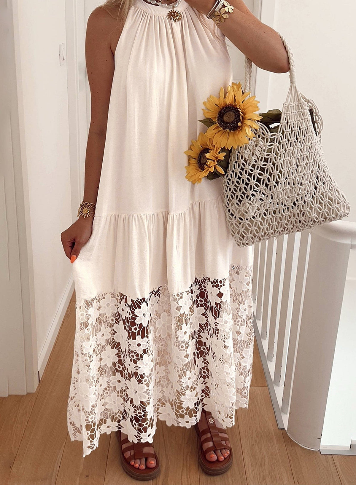 Beige Sheer Floral Lace Dress RTS