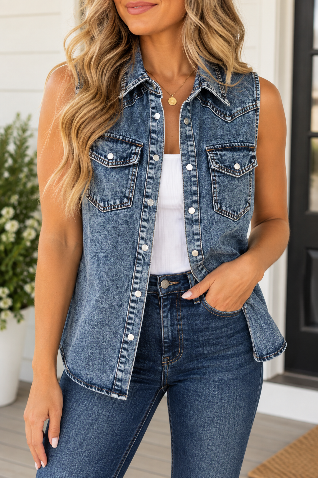 Blue Denim Button Vest