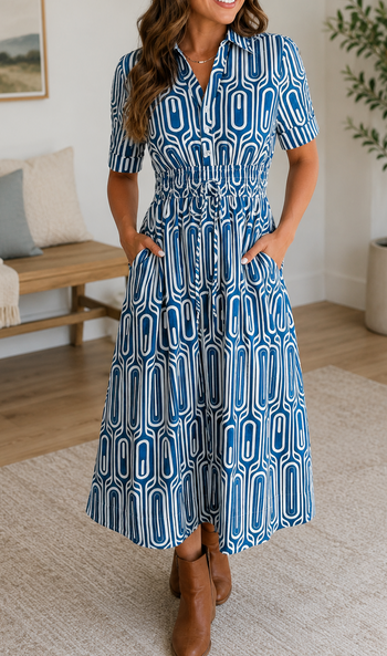 Blue Geometric Drawstring Dress