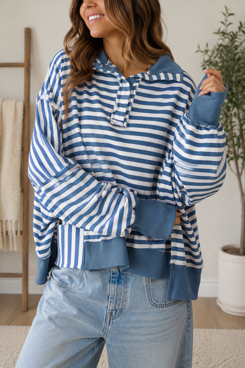 Blue Stripe Raw Hem Sweatshirt