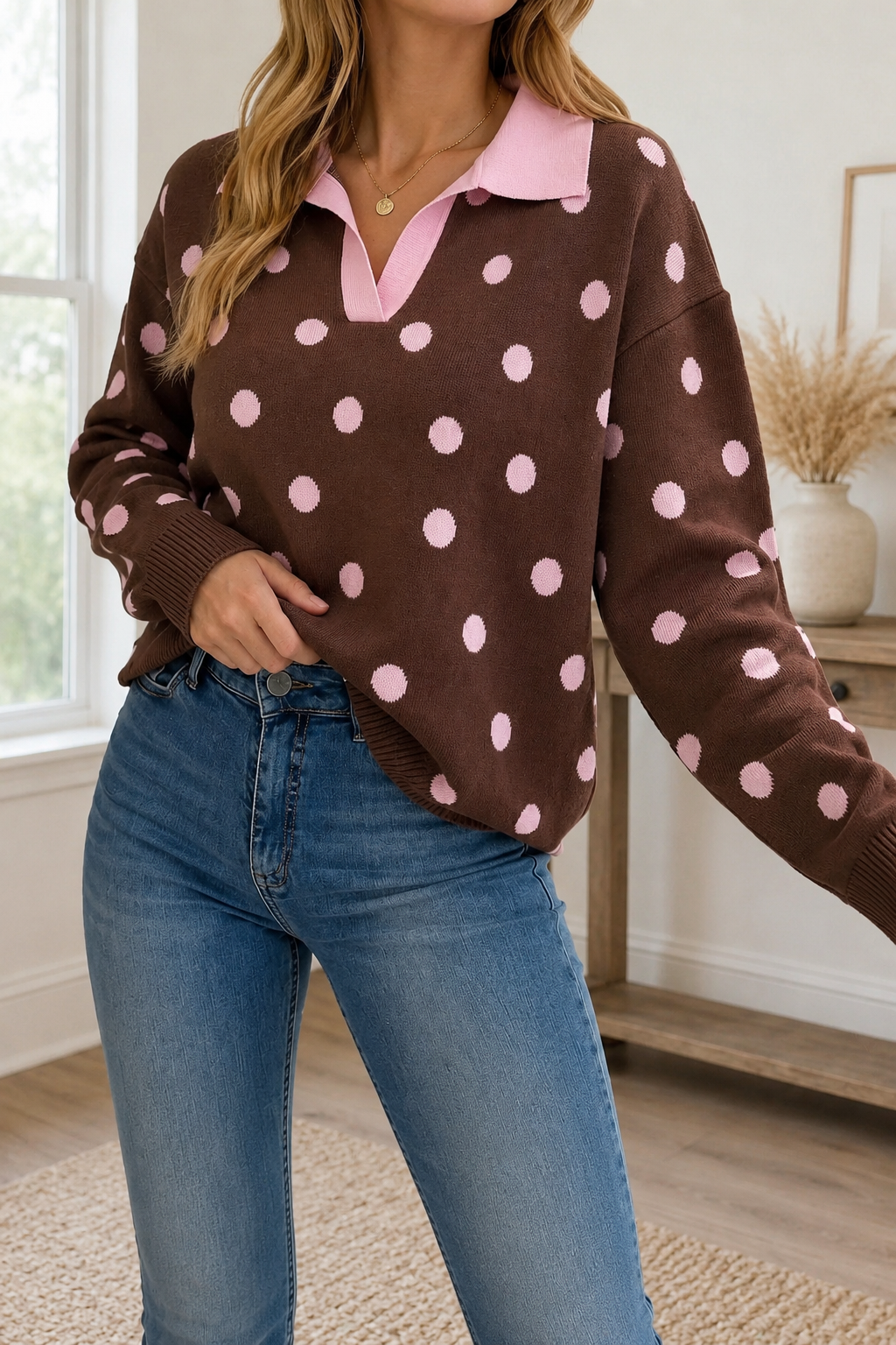 Brown Pink Polka Dot Sweater