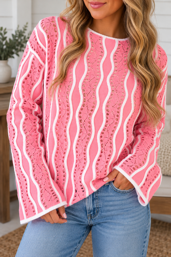 Wavy Detail Hollow Knit Sweater