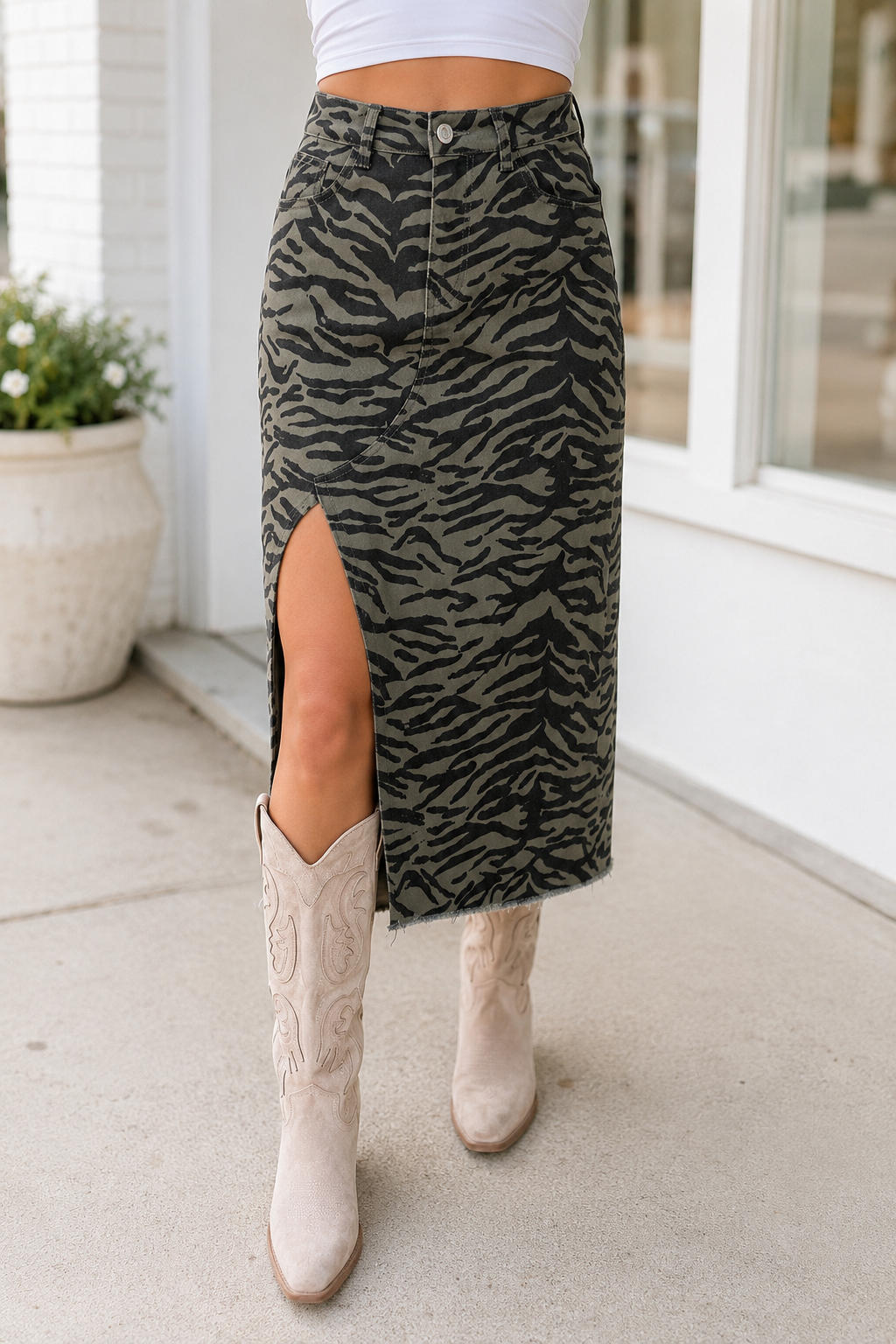 Camo Denim Split Skirt