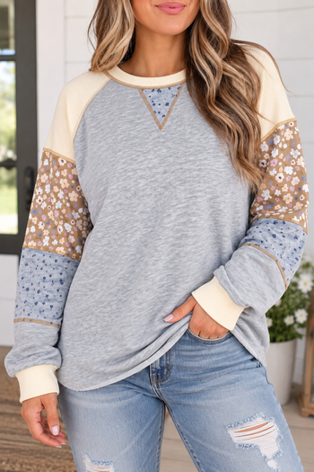 Grey Colorblock Floral Waffle Top