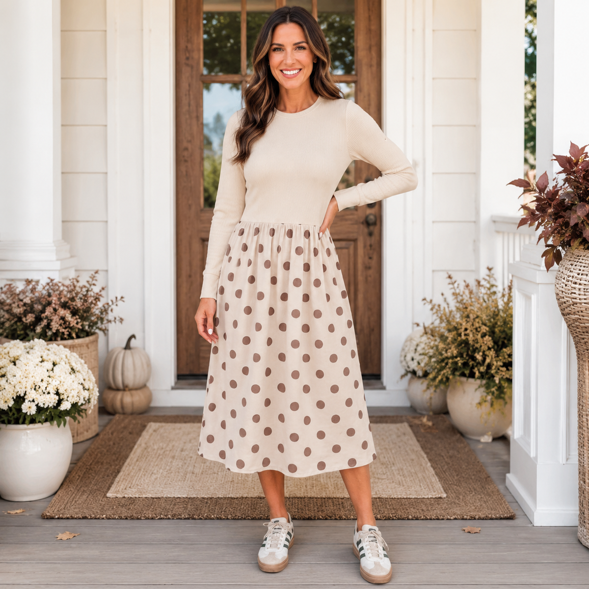 Beige Polka Dot Midi Dress