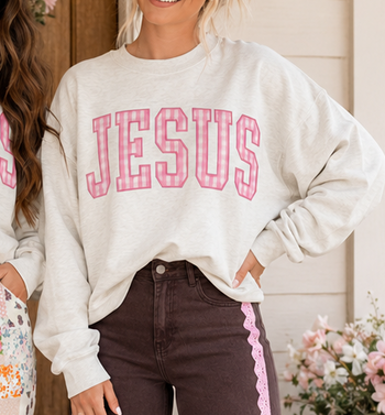 Great Pink Plaid JESUS Sweatshirt