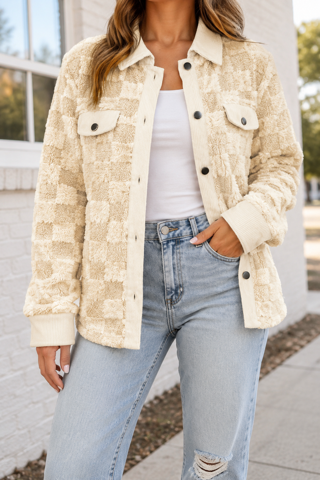 Khaki Corduroy Checkered Shacket
