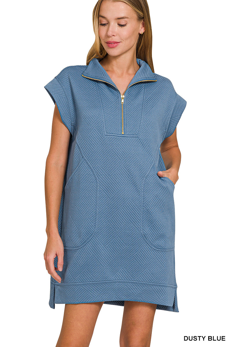 Textured Knit Quarter Zip Dress Zenana RTS