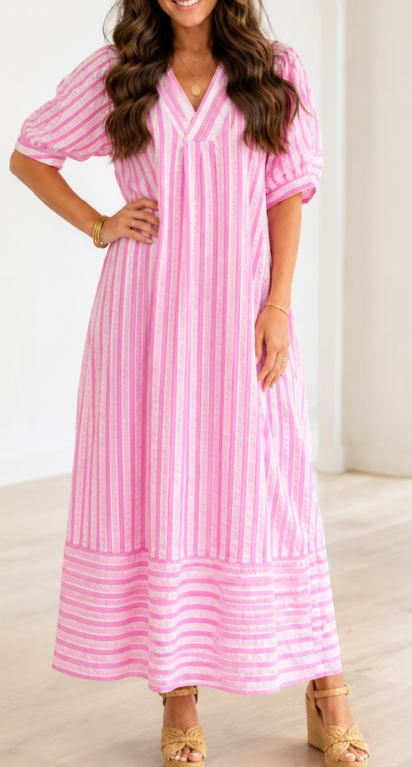Pink Stripe V Neck Dress RTS