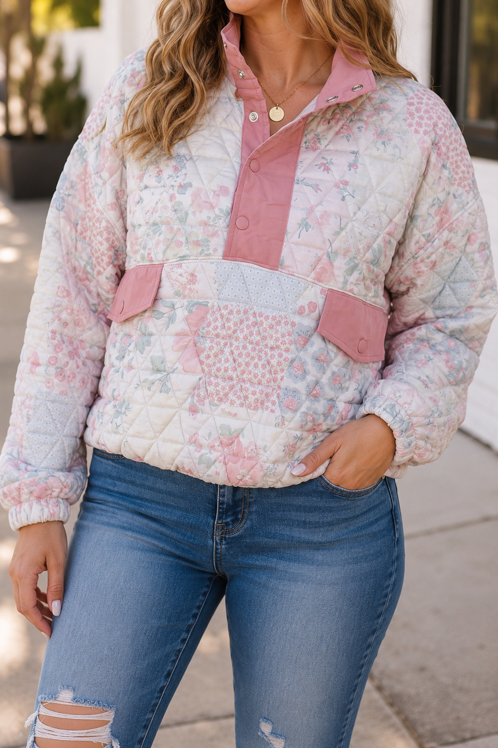 Pink Floral Quilted Plus Sweatshirt