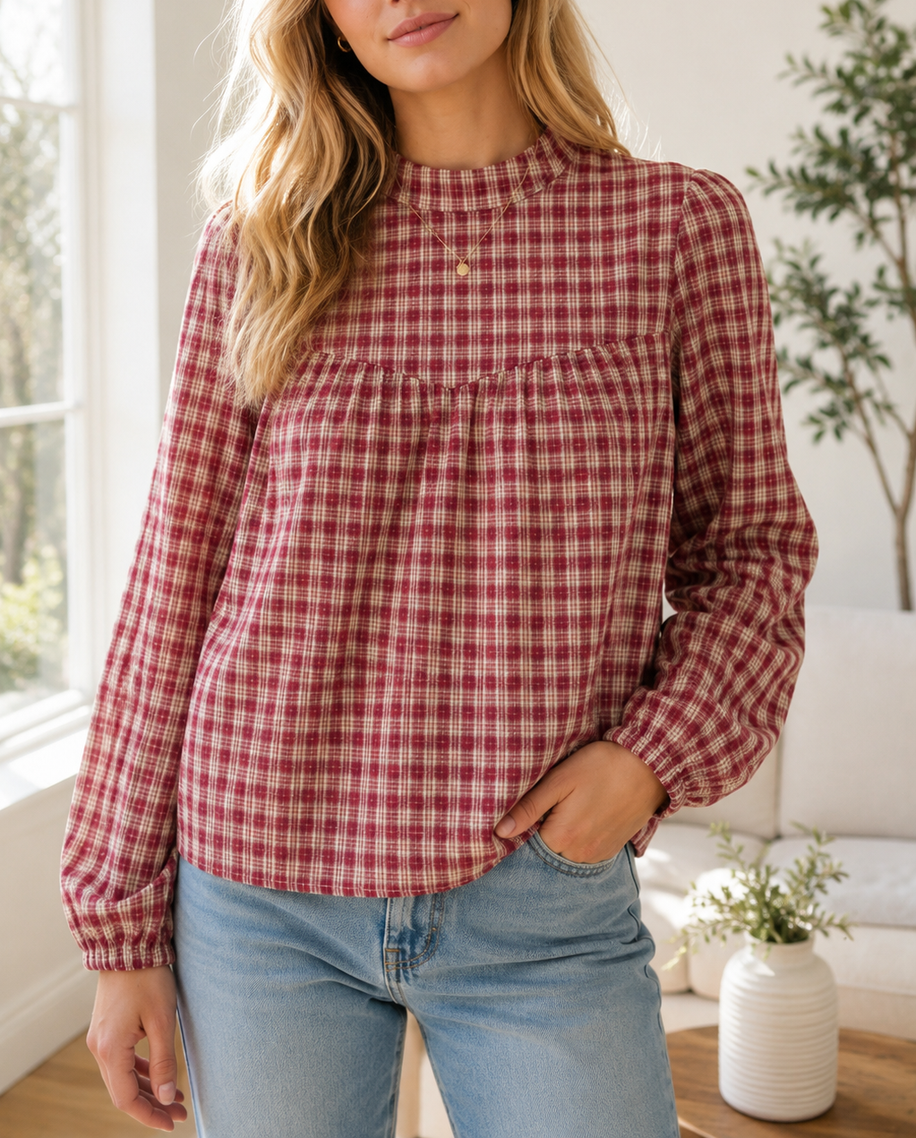 Plaid Keyhole Pleated Blouse Full Run RTS