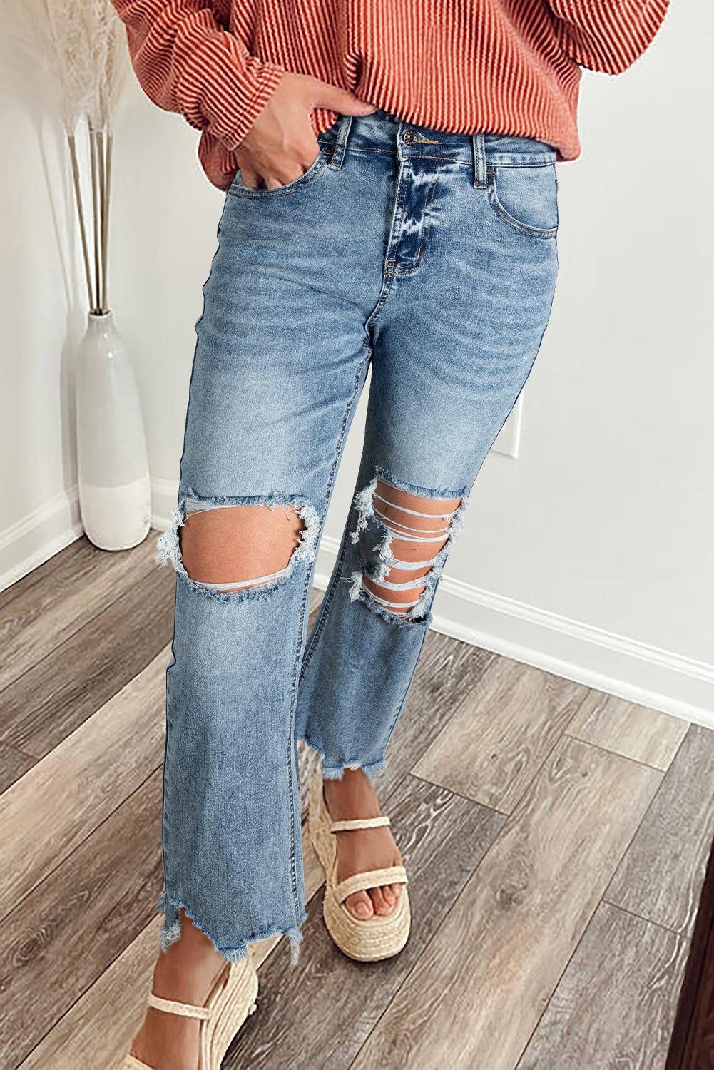 Raw-Hem Ripped Flare Jeans
