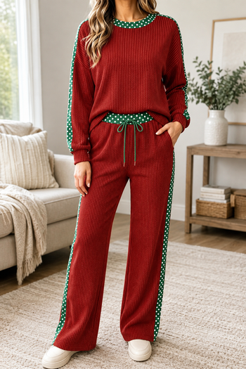 Red Ribbed Polka Dot Trim Set