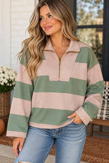 Stripe Colorblock Zipper Pullover