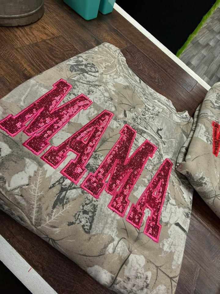 Camo Sequin Crew with MAMA in pink sequins