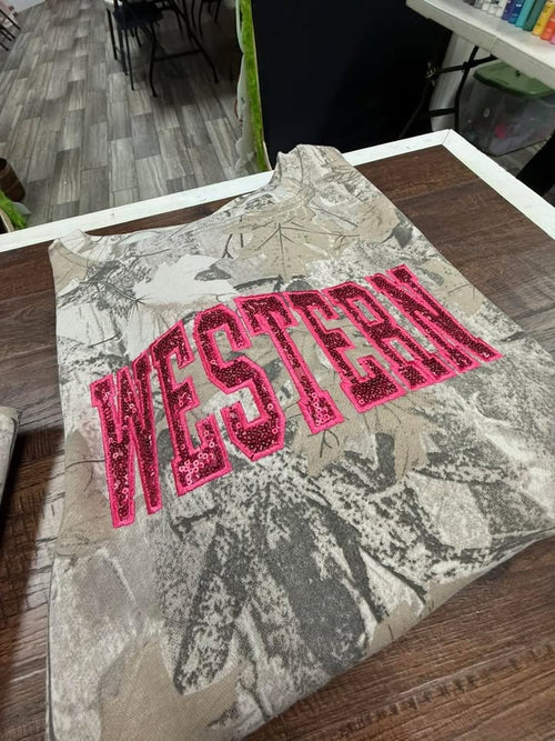 Camo Sequin Crew with WESTERN in hot pink sequins