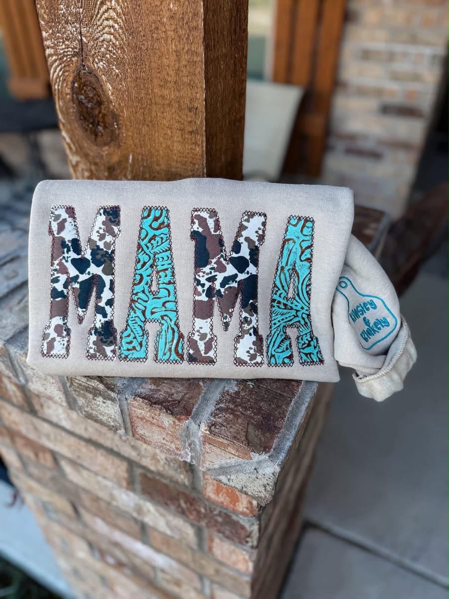 Cow and turquoise MAMA appliqué with cattle tag and sleeve names