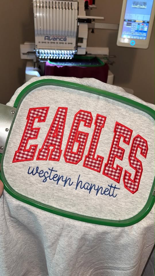 Gingham Appliqués EAGLES crewneck example with optional script names