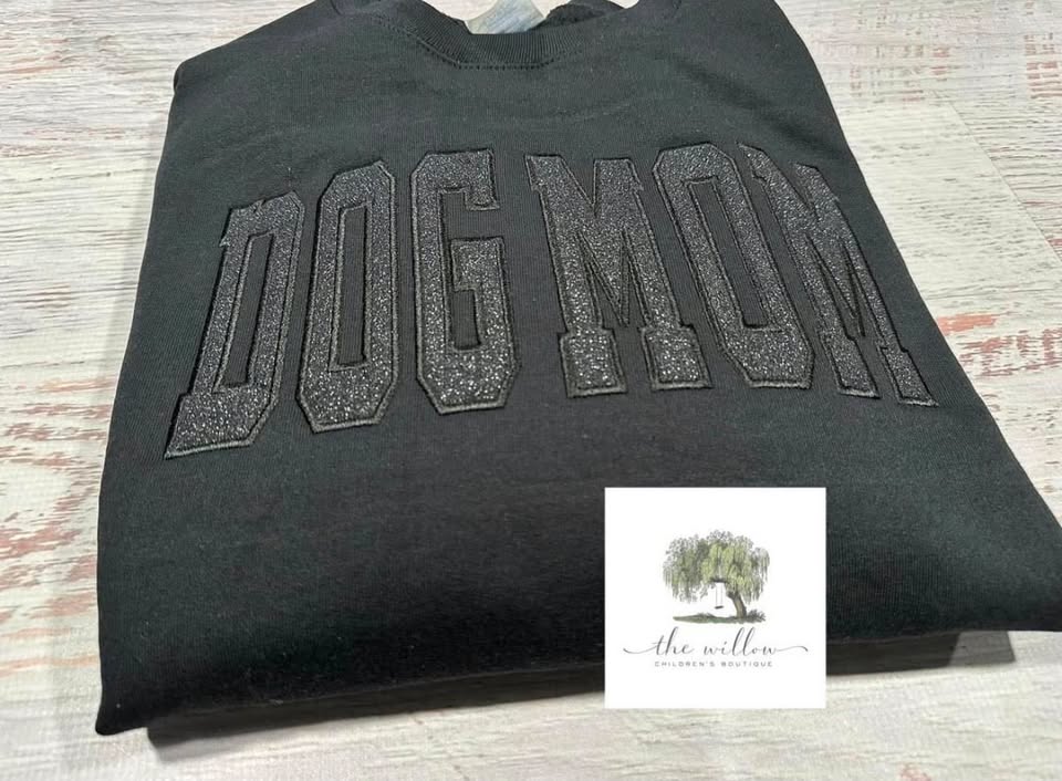 Glitter Title Applique DOG MOM black crewneck example