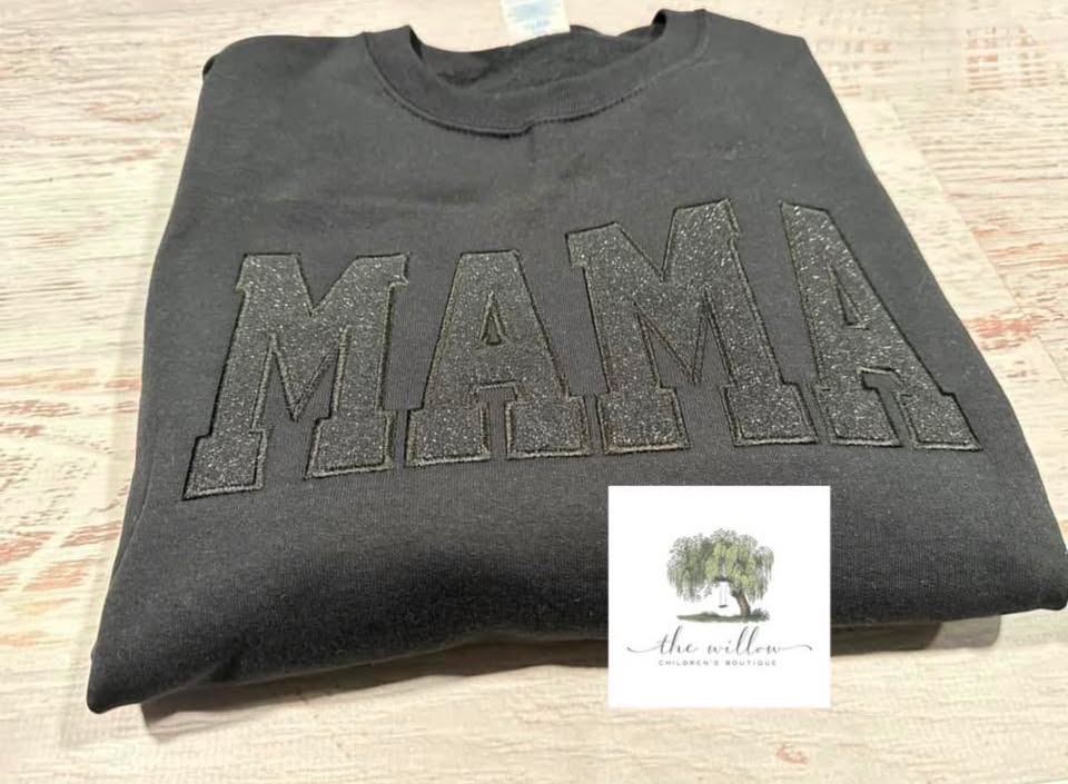 Glitter Title Applique MAMA black crewneck example