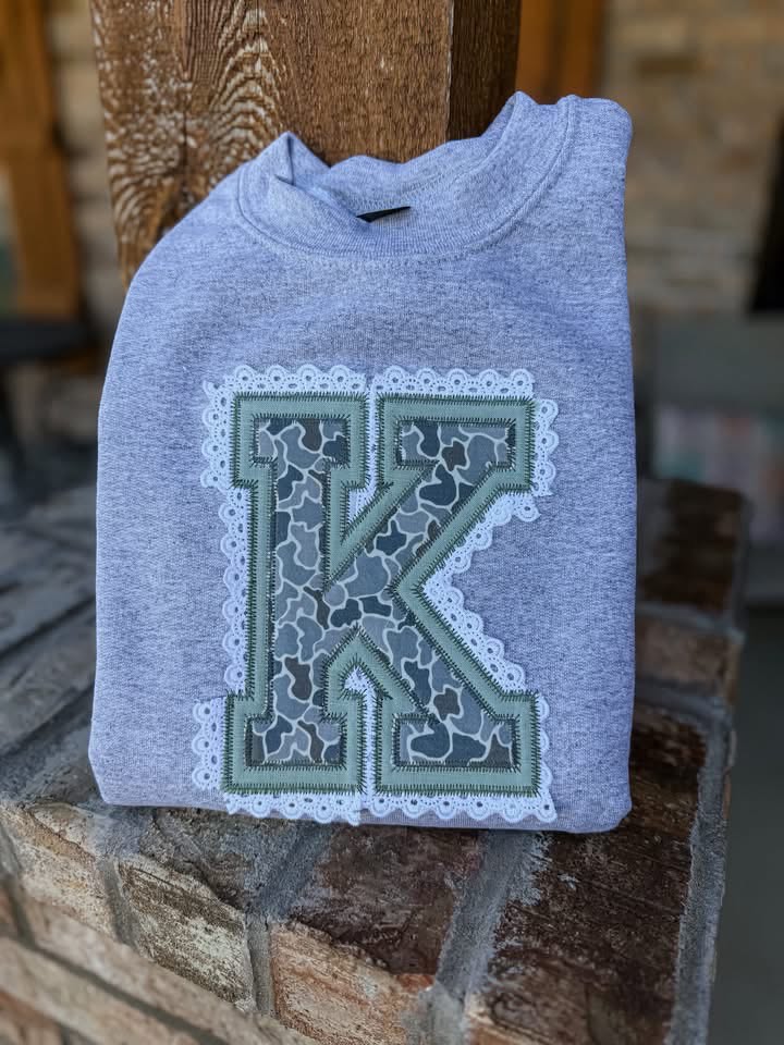 Lace Camo Crews appliqué letter sweatshirt example