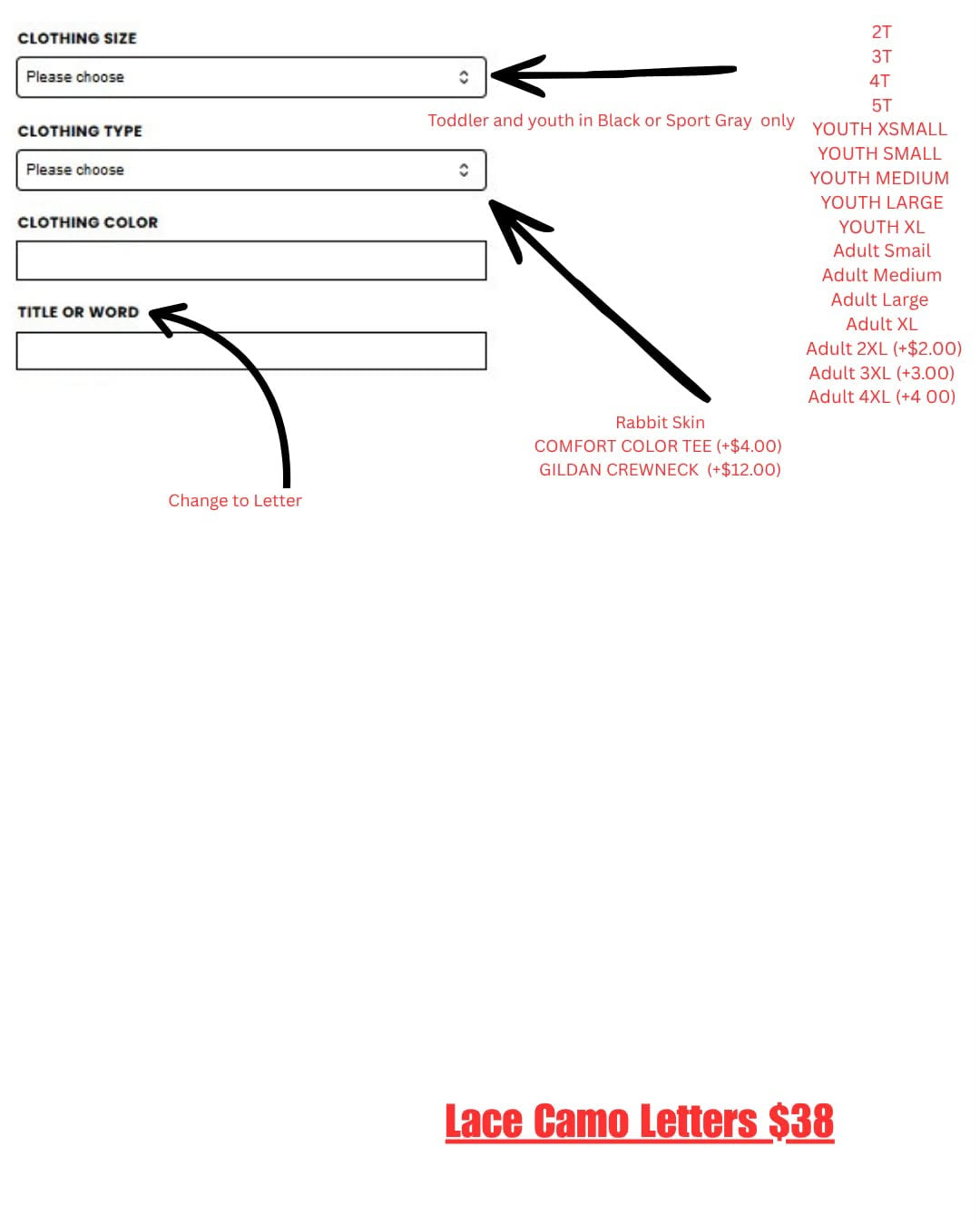 Lace Camo Crews size garment and personalization guide