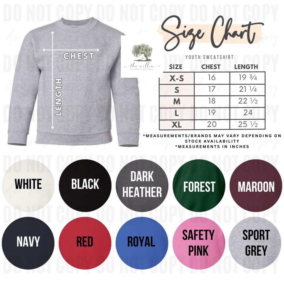 Youth sweatshirt size and color chart